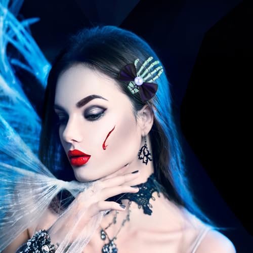 Suncalla 2 Pcs Luminous Skeleton Hand Hair Clips - Halloween Hands Bone Hair Accessories Glow Skull Claw Hairpins with Black Bow for Women Punk Rock Horror Costume - görsel 12