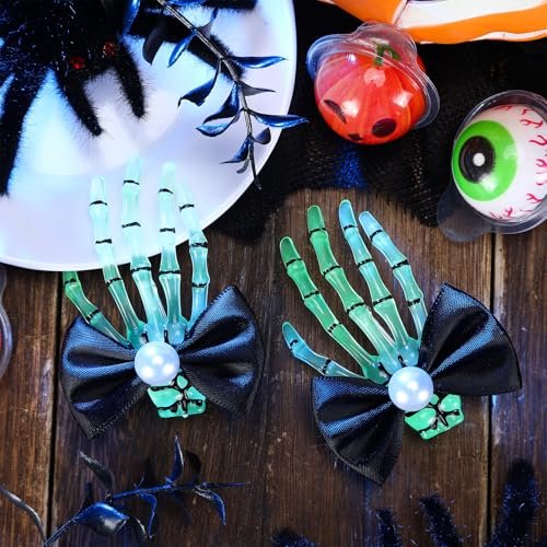 Suncalla 2 Pcs Luminous Skeleton Hand Hair Clips - Halloween Hands Bone Hair Accessories Glow Skull Claw Hairpins with Black Bow for Women Punk Rock Horror Costume - görsel 6