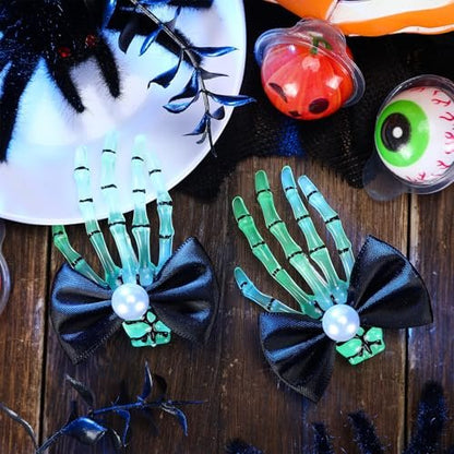Suncalla 2 Pcs Luminous Skeleton Hand Hair Clips - Halloween Hands Bone Hair Accessories Glow Skull Claw Hairpins with Black Bow for Women Punk Rock Horror Costume