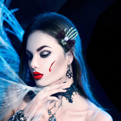 Suncalla 2 Pcs Luminous Skeleton Hand Hair Clips - Halloween Hands Bone Hair Accessories Glow Skull Claw Hairpins with Black Bow for Women Punk Rock Horror Costume