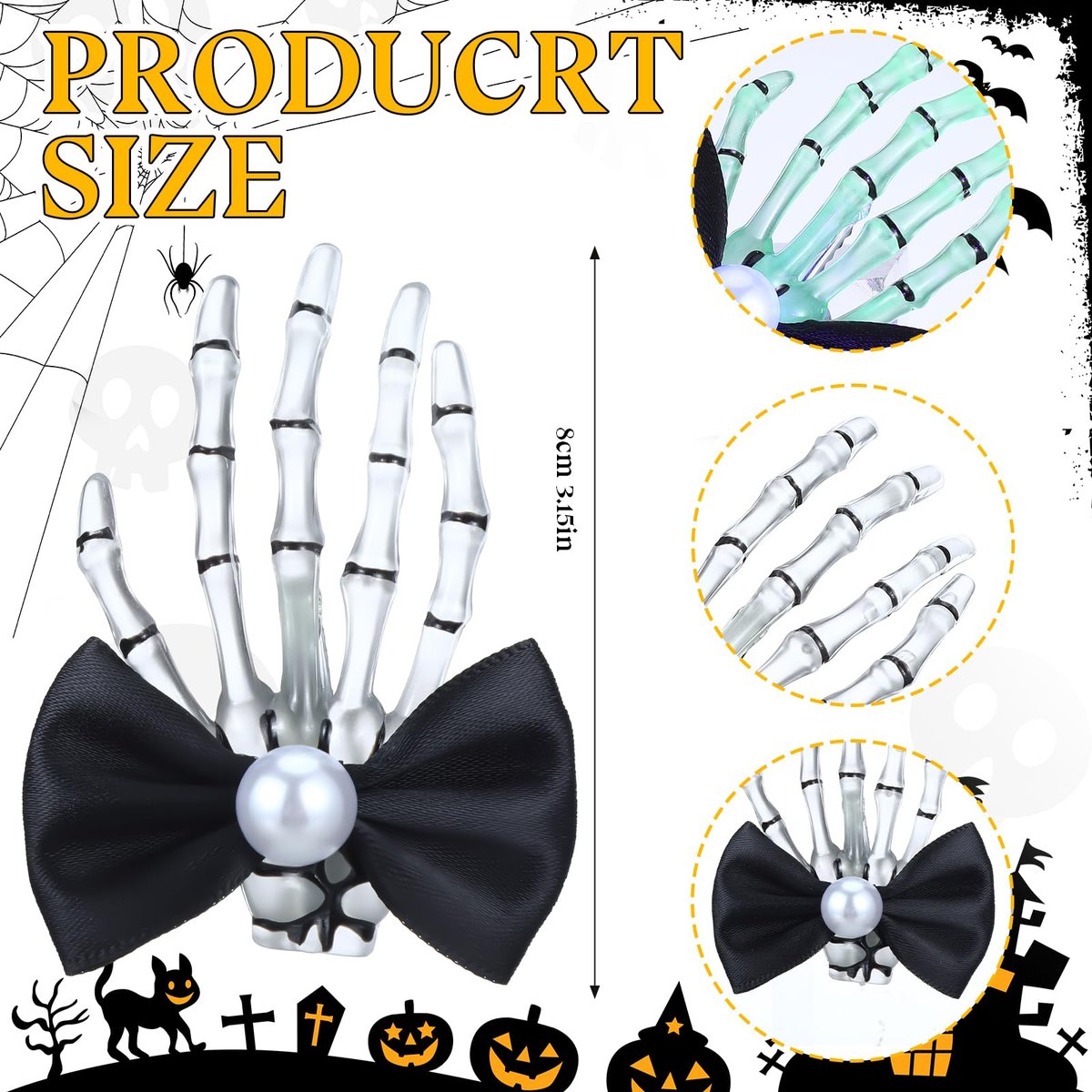 Suncalla 2 Pcs Luminous Skeleton Hand Hair Clips - Halloween Hands Bone Hair Accessories Glow Skull Claw Hairpins with Black Bow for Women Punk Rock Horror Costume - görsel 3