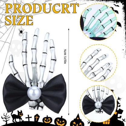 Suncalla 2 Pcs Luminous Skeleton Hand Hair Clips - Halloween Hands Bone Hair Accessories Glow Skull Claw Hairpins with Black Bow for Women Punk Rock Horror Costume