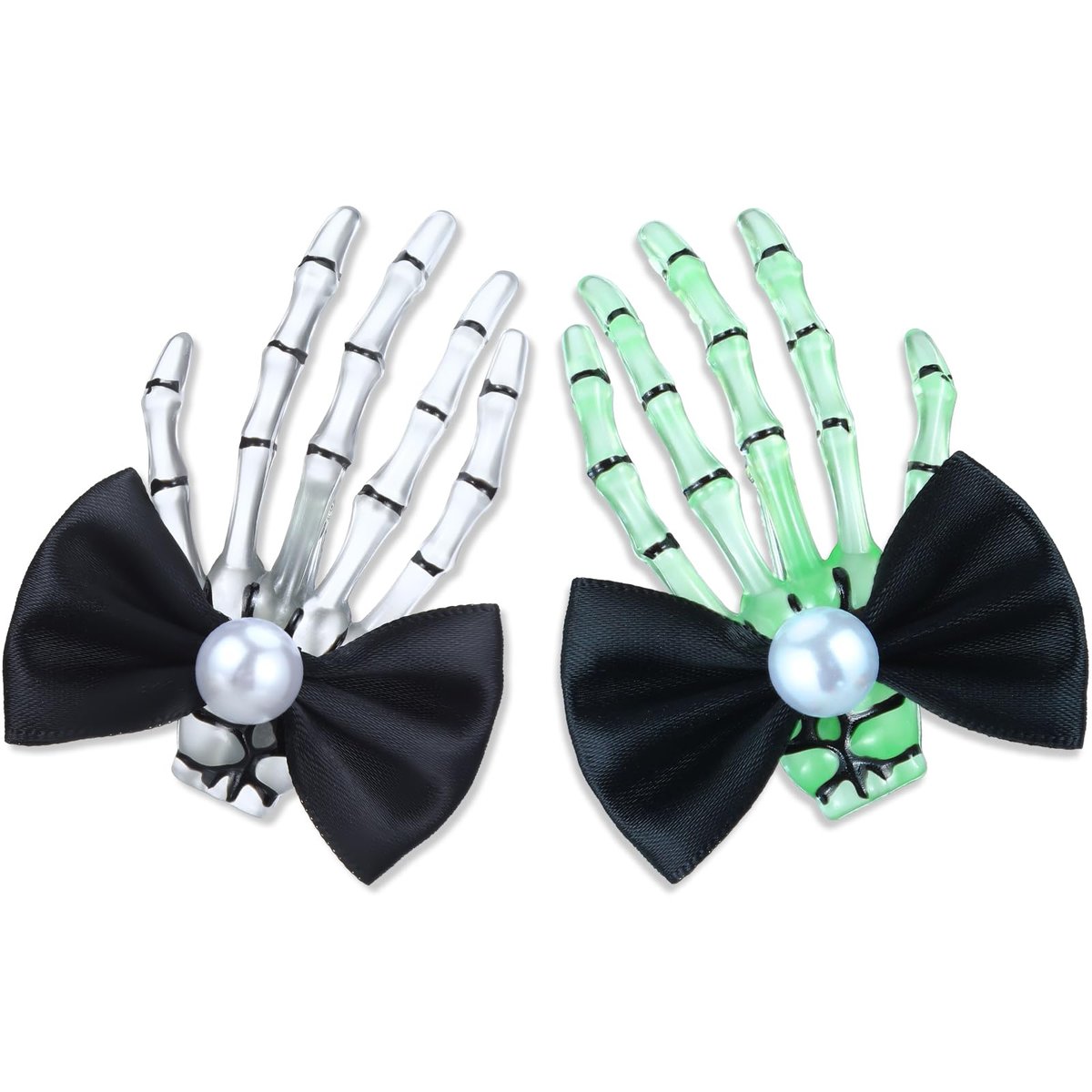 Suncalla 2 Pcs Luminous Skeleton Hand Hair Clips - Halloween Hands Bone Hair Accessories Glow Skull Claw Hairpins with Black Bow for Women Punk Rock Horror Costume - görsel 1