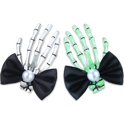 Suncalla 2 Pcs Luminous Skeleton Hand Hair Clips - Halloween Hands Bone Hair Accessories Glow Skull Claw Hairpins with Black Bow for Women Punk Rock Horror Costume