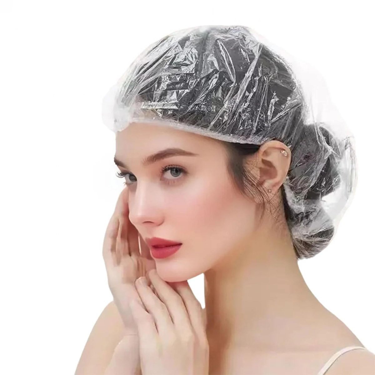 100PCS Disposable Shower Caps - Extra Large Clear Plastic Waterproof Caps for Women, Men, Unisex - Perfect for Deep Conditioning, Hair Treatment, Hotel, Spa, Home Use - görsel 1