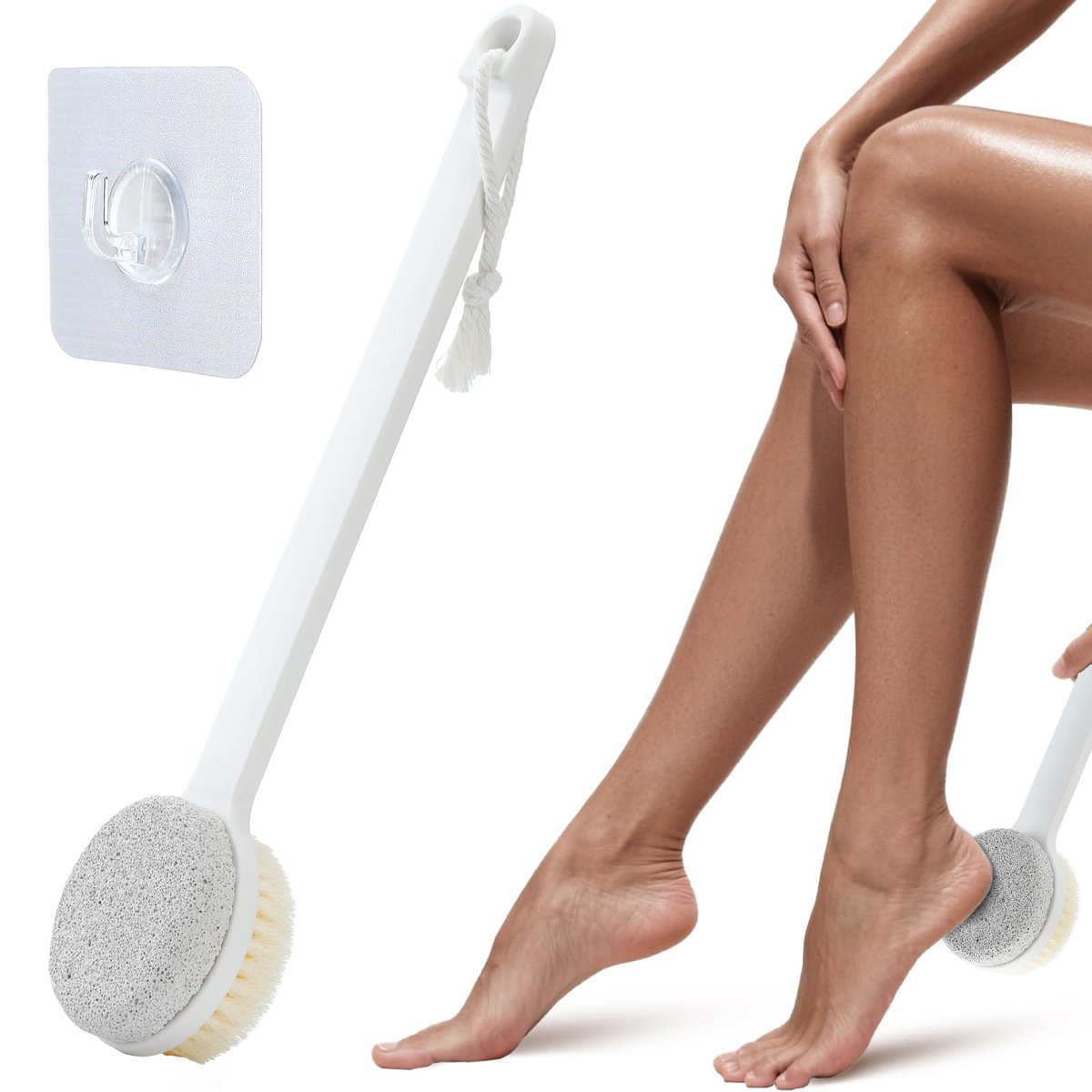 2-in-1 Foot Pumice Stone for Feet – Long Handle Dead Skin Remover for Wet or Dry Brushing, Ideal for Seniors, Pregnant, Disabled, or Injured (White, Box Packed) - görsel 1
