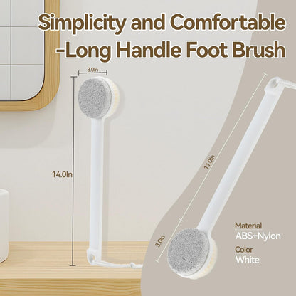 2-in-1 Foot Pumice Stone for Feet – Long Handle Dead Skin Remover for Wet or Dry Brushing, Ideal for Seniors, Pregnant, Disabled, or Injured (White, Box Packed)