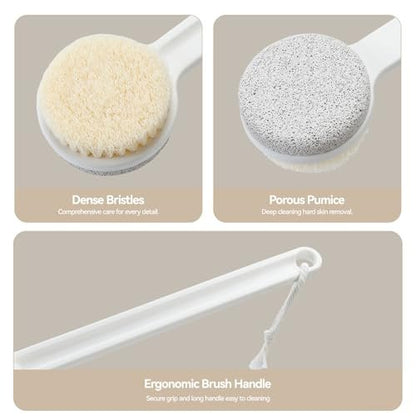 2-in-1 Foot Pumice Stone for Feet – Long Handle Dead Skin Remover for Wet or Dry Brushing, Ideal for Seniors, Pregnant, Disabled, or Injured (White, Box Packed)