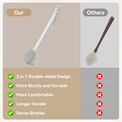2-in-1 Foot Pumice Stone for Feet – Long Handle Dead Skin Remover for Wet or Dry Brushing, Ideal for Seniors, Pregnant, Disabled, or Injured (White, Box Packed)