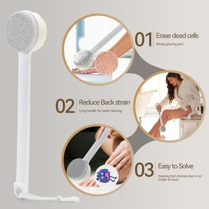 2-in-1 Foot Pumice Stone for Feet – Long Handle Dead Skin Remover for Wet or Dry Brushing, Ideal for Seniors, Pregnant, Disabled, or Injured (White, Box Packed)
