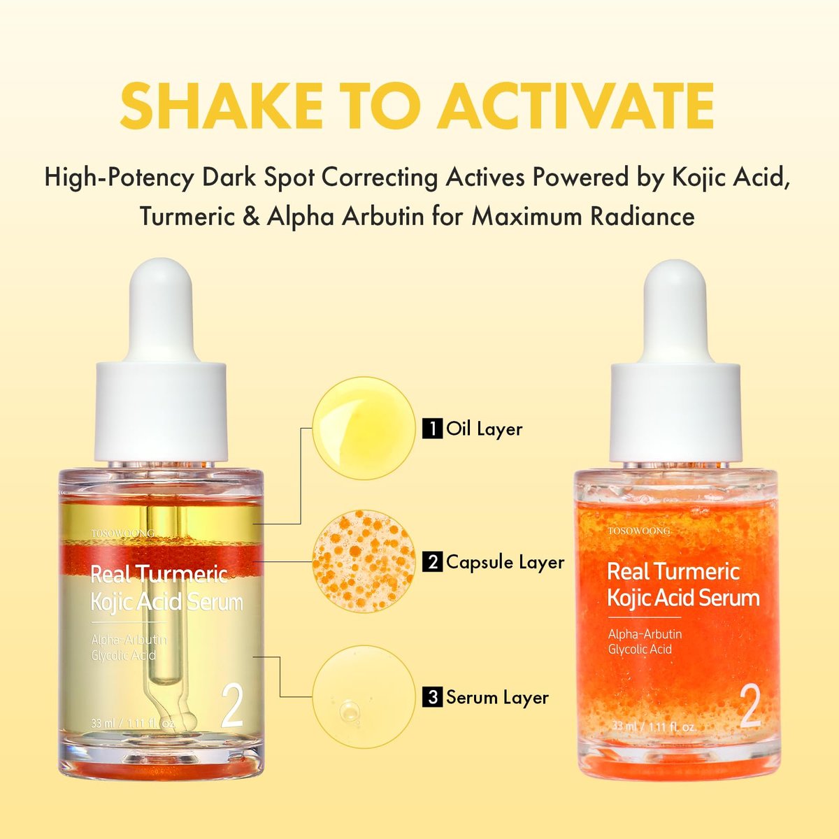 TOSOWOONG Real Turmeric Kojic Acid Serum - Brightening Serum with 7,000ppm Kojic Acid, 1,500ppm Turmeric, Alpha Arbutin, Astaxanthin, Glycolic Acid - Dark Spots & Freckle Corrector - Korean Skin Care, 33ml/1.11 fl.oz. Avelisse