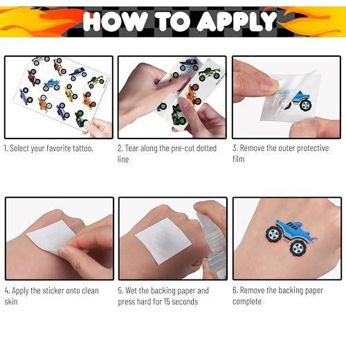 60 PCS Monster Truck Temporary Tattoos for Kids - Pre-Cut Fake Tattoo Stickers, Race Car Themed Birthday Party Favors & Rewards for Boys & Girls - görsel 14