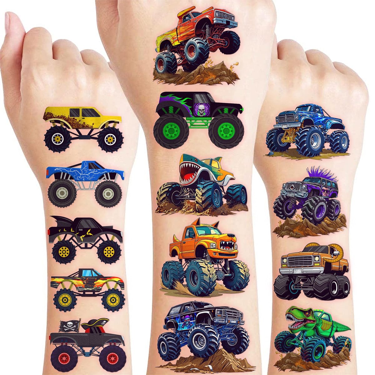 60 PCS Monster Truck Temporary Tattoos for Kids - Pre-Cut Fake Tattoo Stickers, Race Car Themed Birthday Party Favors & Rewards for Boys & Girls - görsel 1