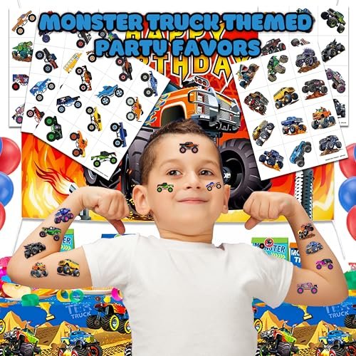 60 PCS Monster Truck Temporary Tattoos for Kids - Pre-Cut Fake Tattoo Stickers, Race Car Themed Birthday Party Favors & Rewards for Boys & Girls - görsel 4