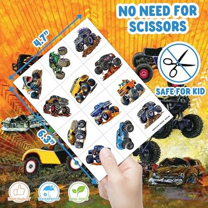 60 PCS Monster Truck Temporary Tattoos for Kids - Pre-Cut Fake Tattoo Stickers, Race Car Themed Birthday Party Favors & Rewards for Boys & Girls
