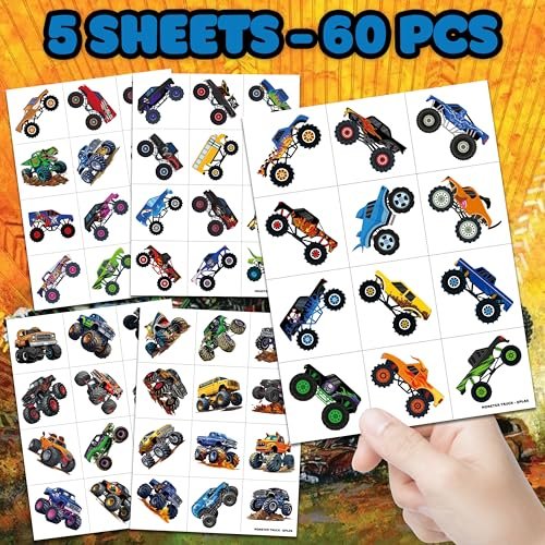 60 PCS Monster Truck Temporary Tattoos for Kids - Pre-Cut Fake Tattoo Stickers, Race Car Themed Birthday Party Favors & Rewards for Boys & Girls - görsel 6