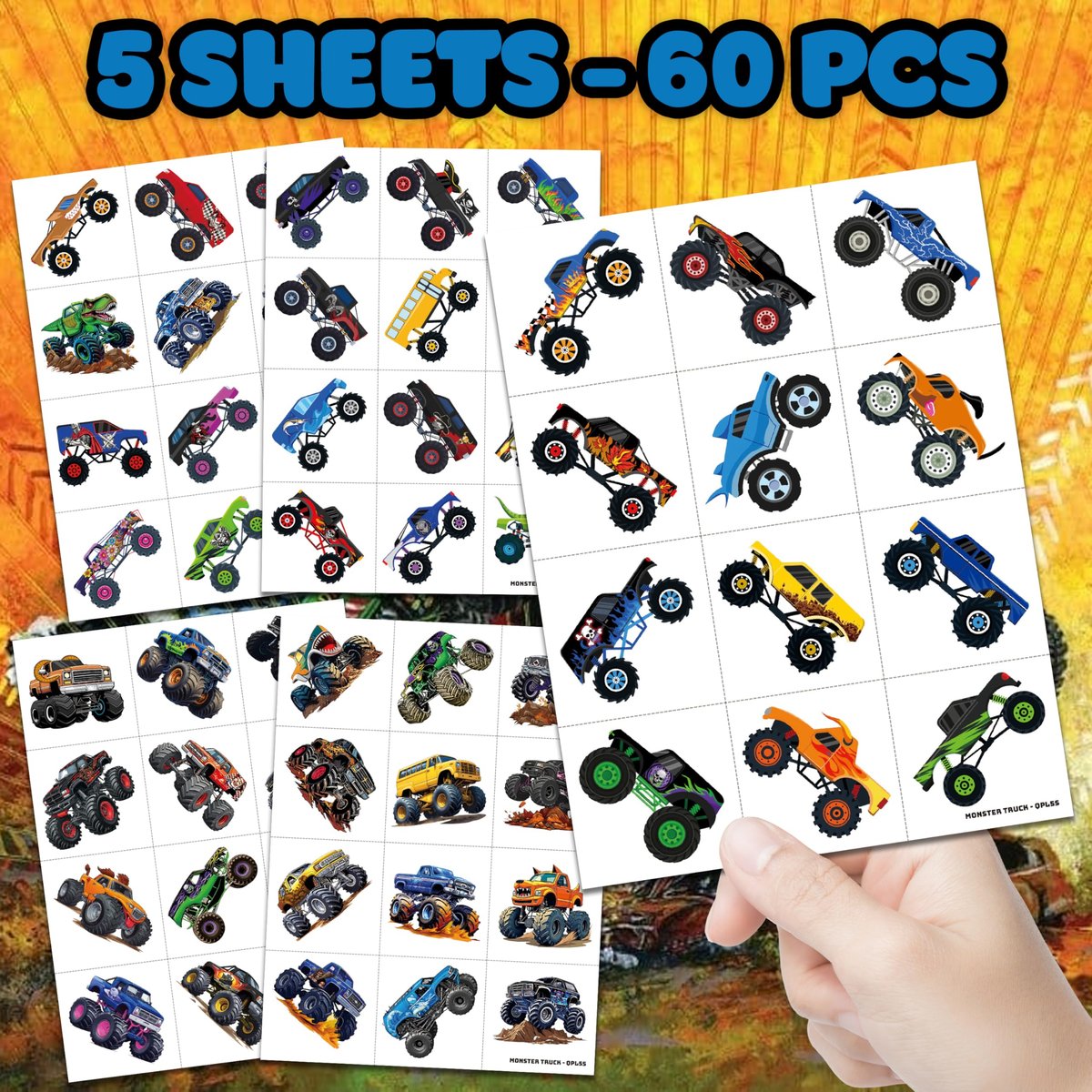 60 PCS Monster Truck Temporary Tattoos for Kids - Pre-Cut Fake Tattoo Stickers, Race Car Themed Birthday Party Favors & Rewards for Boys & Girls - görsel 5
