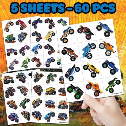 60 PCS Monster Truck Temporary Tattoos for Kids - Pre-Cut Fake Tattoo Stickers, Race Car Themed Birthday Party Favors & Rewards for Boys & Girls