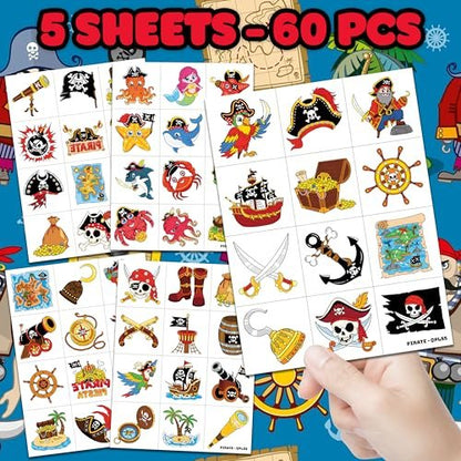 60 PCS Pirate Ship Nautical Pre-Cut Temporary Tattoos for Kids - Super Cute Theme Birthday Party Favors, Supplies, Decorations, Mermaid Treasure Fake Tattoo Stickers, School Prizes & Gifts Boys Girls