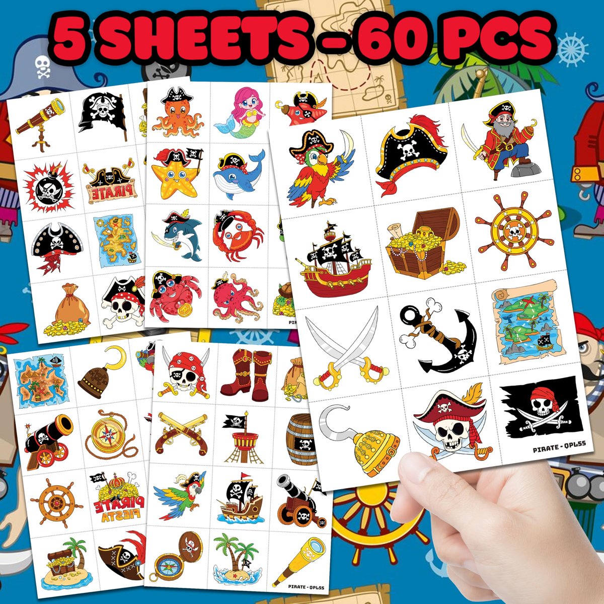 60 PCS Pirate Ship Nautical Pre-Cut Temporary Tattoos for Kids - Super Cute Theme Birthday Party Favors, Supplies, Decorations, Mermaid Treasure Fake Tattoo Stickers, School Prizes & Gifts Boys Girls - görsel 6