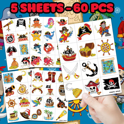 60 PCS Pirate Ship Nautical Pre-Cut Temporary Tattoos for Kids - Super Cute Theme Birthday Party Favors, Supplies, Decorations, Mermaid Treasure Fake Tattoo Stickers, School Prizes & Gifts Boys Girls