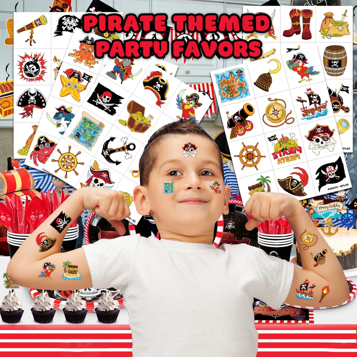 60 PCS Pirate Ship Nautical Pre-Cut Temporary Tattoos for Kids - Super Cute Theme Birthday Party Favors, Supplies, Decorations, Mermaid Treasure Fake Tattoo Stickers, School Prizes & Gifts Boys Girls - görsel 4