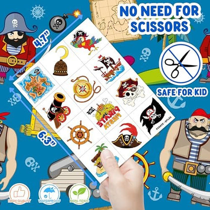60 PCS Pirate Ship Nautical Pre-Cut Temporary Tattoos for Kids - Super Cute Theme Birthday Party Favors, Supplies, Decorations, Mermaid Treasure Fake Tattoo Stickers, School Prizes & Gifts Boys Girls