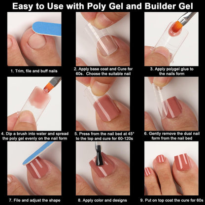 160 Pcs Toe Dual Nail Forms for Poly Gel & Builder Gel Toenail Extension - 16 Sizes Reusable Full Cover Square Toenails Molds - Professional Pedicure Nail Tips for Salon & DIY at Home Avelisse