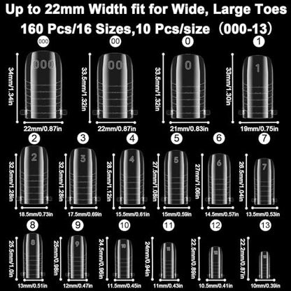 160 Pcs Toe Dual Nail Forms for Poly Gel & Builder Gel Toenail Extension - 16 Sizes Reusable Full Cover Square Toenails Molds - Professional Pedicure Nail Tips for Salon & DIY at Home Avelisse