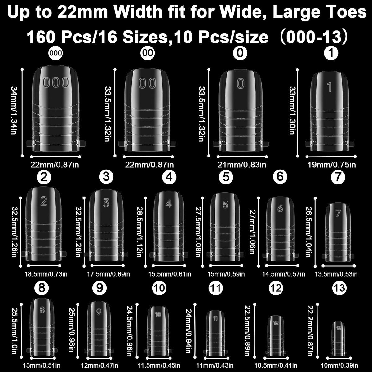 160 Pcs Toe Dual Nail Forms for Poly Gel & Builder Gel Toenail Extension - 16 Sizes Reusable Full Cover Square Toenails Molds - Professional Pedicure Nail Tips for Salon & DIY at Home Avelisse