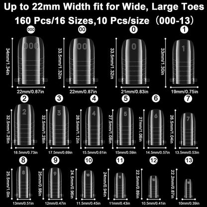 160 Pcs Toe Dual Nail Forms for Poly Gel & Builder Gel Toenail Extension - 16 Sizes Reusable Full Cover Square Toenails Molds - Professional Pedicure Nail Tips for Salon & DIY at Home Avelisse