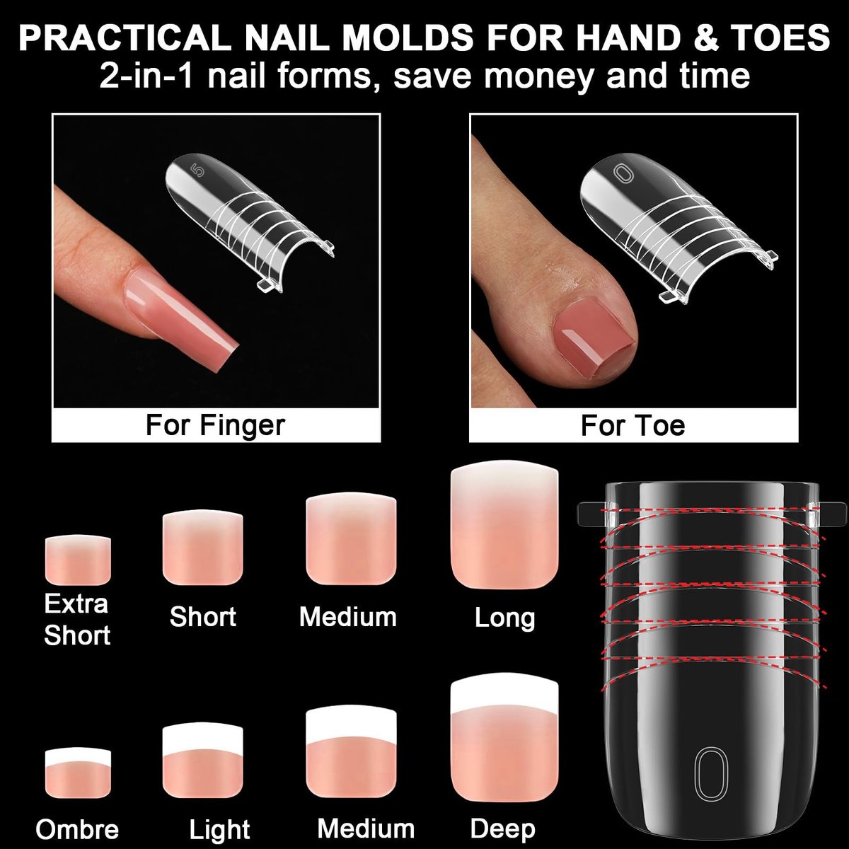 160 Pcs Toe Dual Nail Forms for Poly Gel & Builder Gel Toenail Extension - 16 Sizes Reusable Full Cover Square Toenails Molds - Professional Pedicure Nail Tips for Salon & DIY at Home Avelisse