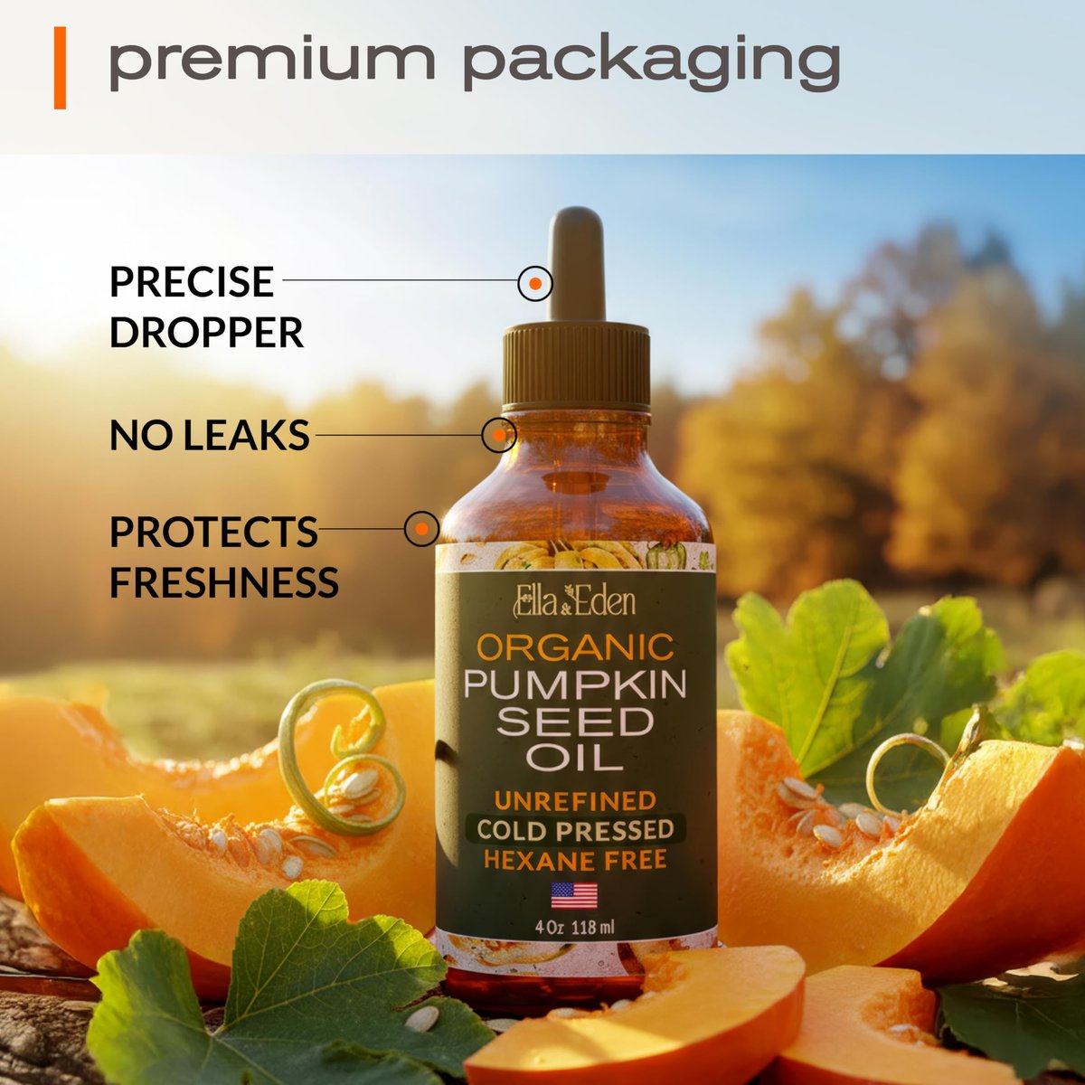 Ella & Eden Organic Pumpkin Seed Oil for Hair Growth - Cold-Pressed, Hexane-Free, Unrefined, 100% Pure USDA Certified - 4 Fl Oz Glass Bottle Avelisse
