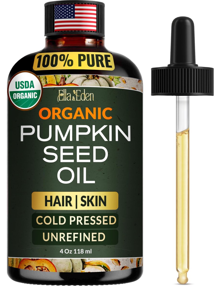 Ella & Eden Organic Pumpkin Seed Oil for Hair Growth - Cold-Pressed, Hexane-Free, Unrefined, 100% Pure USDA Certified - 4 Fl Oz Glass Bottle Avelisse