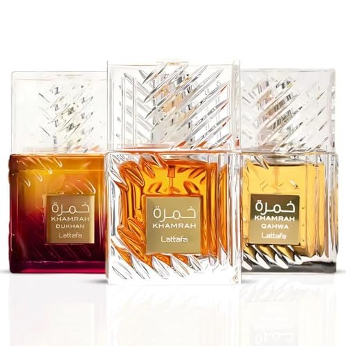 Lattafa Khamrah, Khamrah Qahwa & Khamrah Dukhan Eau De Parfum Sprays 100ML (3.4 OZ) – Unisex Long Lasting Fragrance – 3 Pack Gift Set – Premium Middle Eastern Perfume Avelisse