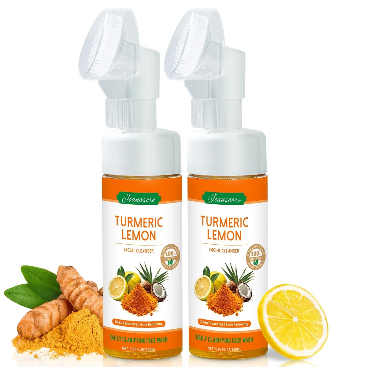 Joanssore 2 Pack Turmeric Lemon Face Wash with Brush - Vitamin C Foaming Facial Cleanser, Turmeric Soap & Lemon Soap Deep Clean with Coconut Oil for All Skin Types, 5.07 Fl Oz Each Avelisse