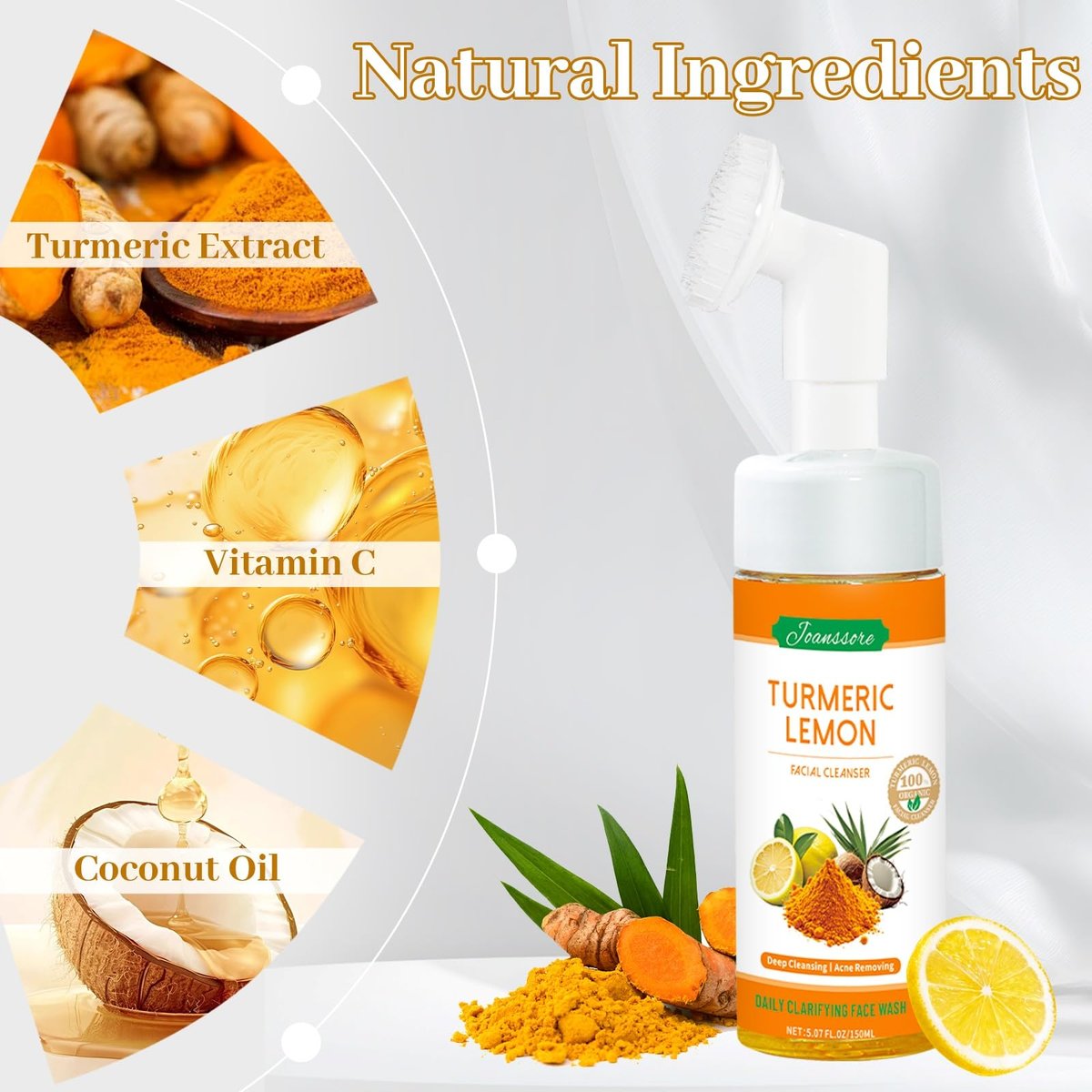 Joanssore 2 Pack Turmeric Lemon Face Wash with Brush - Vitamin C Foaming Facial Cleanser, Turmeric Soap & Lemon Soap Deep Clean with Coconut Oil for All Skin Types, 5.07 Fl Oz Each Avelisse