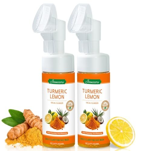 Joanssore 2 Pack Turmeric Lemon Face Wash with Brush - Vitamin C Foaming Facial Cleanser, Turmeric Soap & Lemon Soap Deep Clean with Coconut Oil for All Skin Types, 5.07 Fl Oz Each Avelisse