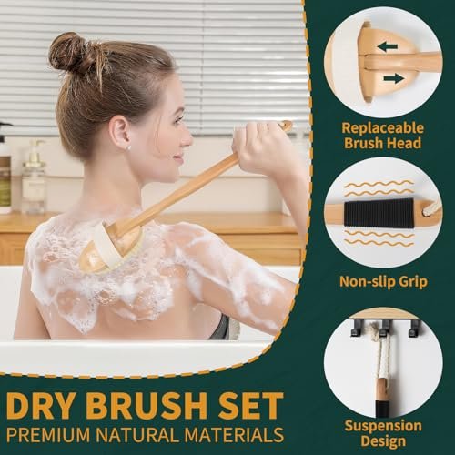 DEBETOOL Dry Brush Set for Body & Face - Long Handle Body Brush with 3 Replacement Heads (Soft, Medium, Firm) for Lymphatic Drainage & Cellulite - görsel 6