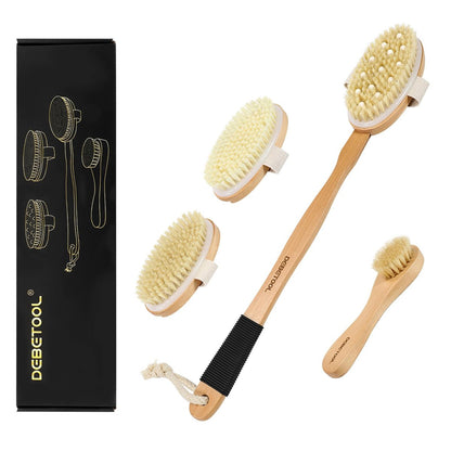 DEBETOOL Dry Brush Set for Body & Face - Long Handle Body Brush with 3 Replacement Heads (Soft, Medium, Firm) for Lymphatic Drainage & Cellulite