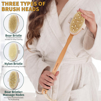 DEBETOOL Dry Brush Set for Body & Face - Long Handle Body Brush with 3 Replacement Heads (Soft, Medium, Firm) for Lymphatic Drainage & Cellulite