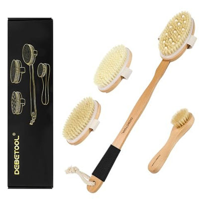 DEBETOOL Dry Brush Set for Body & Face - Long Handle Body Brush with 3 Replacement Heads (Soft, Medium, Firm) for Lymphatic Drainage & Cellulite