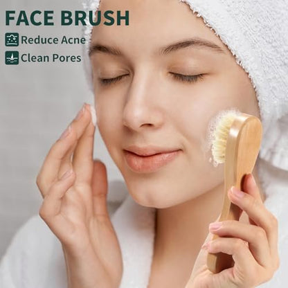 DEBETOOL Dry Brush Set for Body & Face - Long Handle Body Brush with 3 Replacement Heads (Soft, Medium, Firm) for Lymphatic Drainage & Cellulite