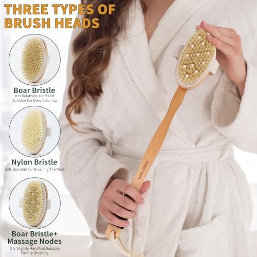 DEBETOOL Dry Brush Set for Body & Face - Long Handle Body Brush with 3 Replacement Heads (Soft, Medium, Firm) for Lymphatic Drainage & Cellulite - görsel 8