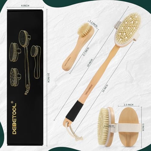 DEBETOOL Dry Brush Set for Body & Face - Long Handle Body Brush with 3 Replacement Heads (Soft, Medium, Firm) for Lymphatic Drainage & Cellulite - görsel 4