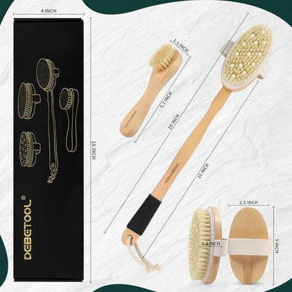 DEBETOOL Dry Brush Set for Body & Face - Long Handle Body Brush with 3 Replacement Heads (Soft, Medium, Firm) for Lymphatic Drainage & Cellulite