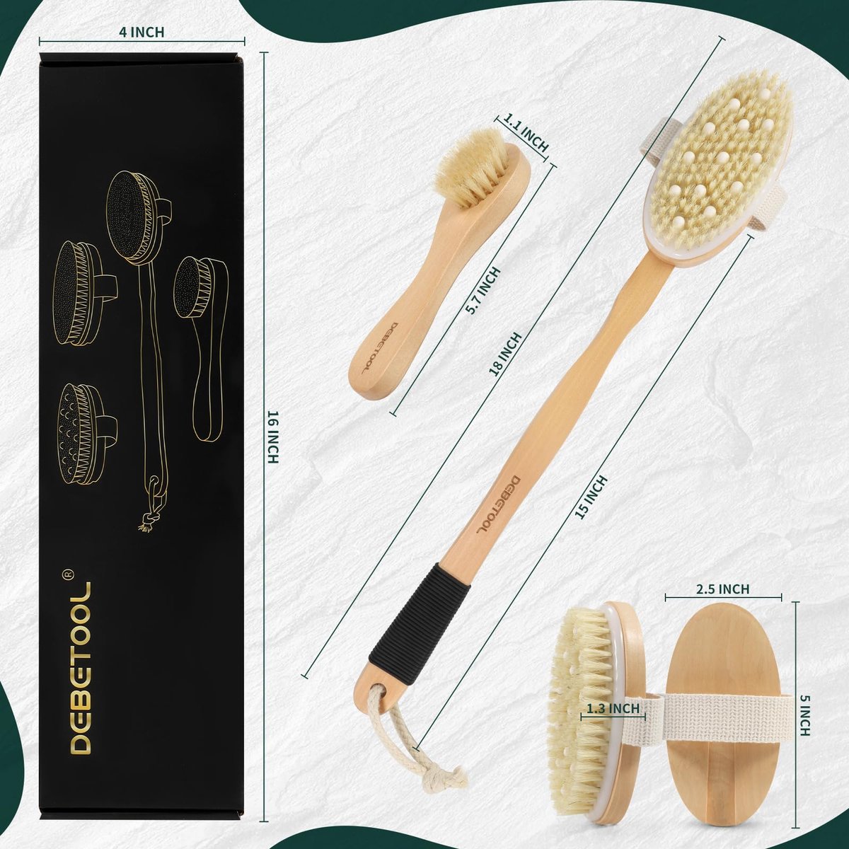 DEBETOOL Dry Brush Set for Body & Face - Long Handle Body Brush with 3 Replacement Heads (Soft, Medium, Firm) for Lymphatic Drainage & Cellulite - görsel 3
