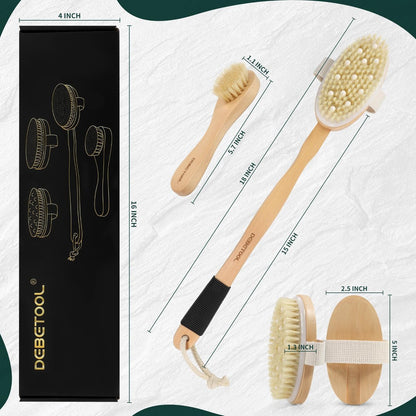 DEBETOOL Dry Brush Set for Body & Face - Long Handle Body Brush with 3 Replacement Heads (Soft, Medium, Firm) for Lymphatic Drainage & Cellulite