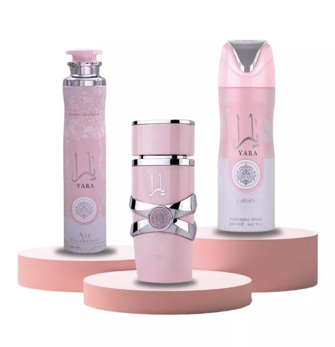 Lattafa Yara Bundle – Eau De Parfum 100ml + Perfumed Body Spray 200ml + Air Freshener 300ml | Long-Lasting Floral Vanilla Scent for Women | Complete Fragrance Set Avelisse