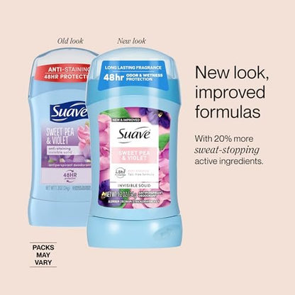 Suave Antiperspirant Deodorant for Women, Invisible Solid, Sweet Pea & Violet, 48-Hour Odor & Wetness Protection, Sensitive Skin, 1.2 oz, 12-Pack